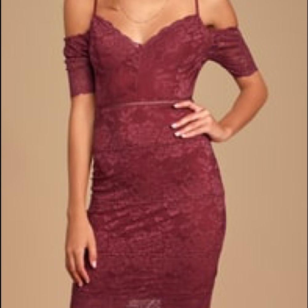ONE MORE KISS WINE RED LACE COLD SHOULDER Bodycon